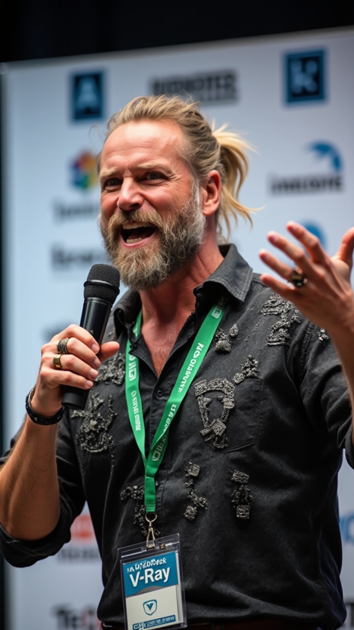 AI generated image by FLUX-Realism-Lora: A charismatic speaker is captured mid-speech. He has long, slightly wavy blonde hair tied back in a ponytail. His expressive face, adorned with a salt-and-pepper beard and mustache, is animated as he gestures with his left hand, displaying a large ring on his pinky finger. He is holding a black microphone in his right hand, speaking passionately. The man is wearing a dark, textured shirt with unique, slightly shimmering patterns, and a green lanyard with multiple badges and logos hanging around his neck. The lanyard features the "Autodesk" and "V-Ray" logos prominently. Behind him, there is a blurred background with a white banner containing logos and text, indicating a professional or conference setting. The overall scene is vibrant and dynamic, capturing the energy of a live presentation.