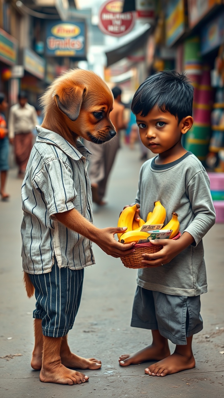 AI generated image by FLUX.1-schnell: "A small brown puppy (same size and style as in previous prompts), wearing an old, dirty, and torn white striped shirt and black striped pants, is standing on a busy Indian market street. The puppy is handing a banana to a clearly visible young boy, who is giving Indian currency notes to the puppy in return. The boy is shown in full clarity, facing the puppy with a kind expression. The brown puppy looks tired but sincere, standing beside a small basket of bananas. The background includes a detailed Indian market street with walking people, shops, colorful signs, and typical street activity — no background blur. The scene is ultra-realistic, cinematic, deeply emotional, and in 16K resolution, emphasizing the contrast between poverty and human kindness."

