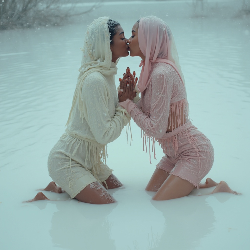 AI generated image by FLUX-Realism-Lora: full body, drone shot. mixed race (asian, african, European) girls, very slim, tall and sexy kiss in lake of milk and ice cream whilst touching each other on the neck and breasts. they positioned randomly in the picture. long sleeve tops. high heels. mini skirts. full hijab,  Its snowing. Their clothes are  drenched and totally wet. She kneels in a lake filled with milk. 