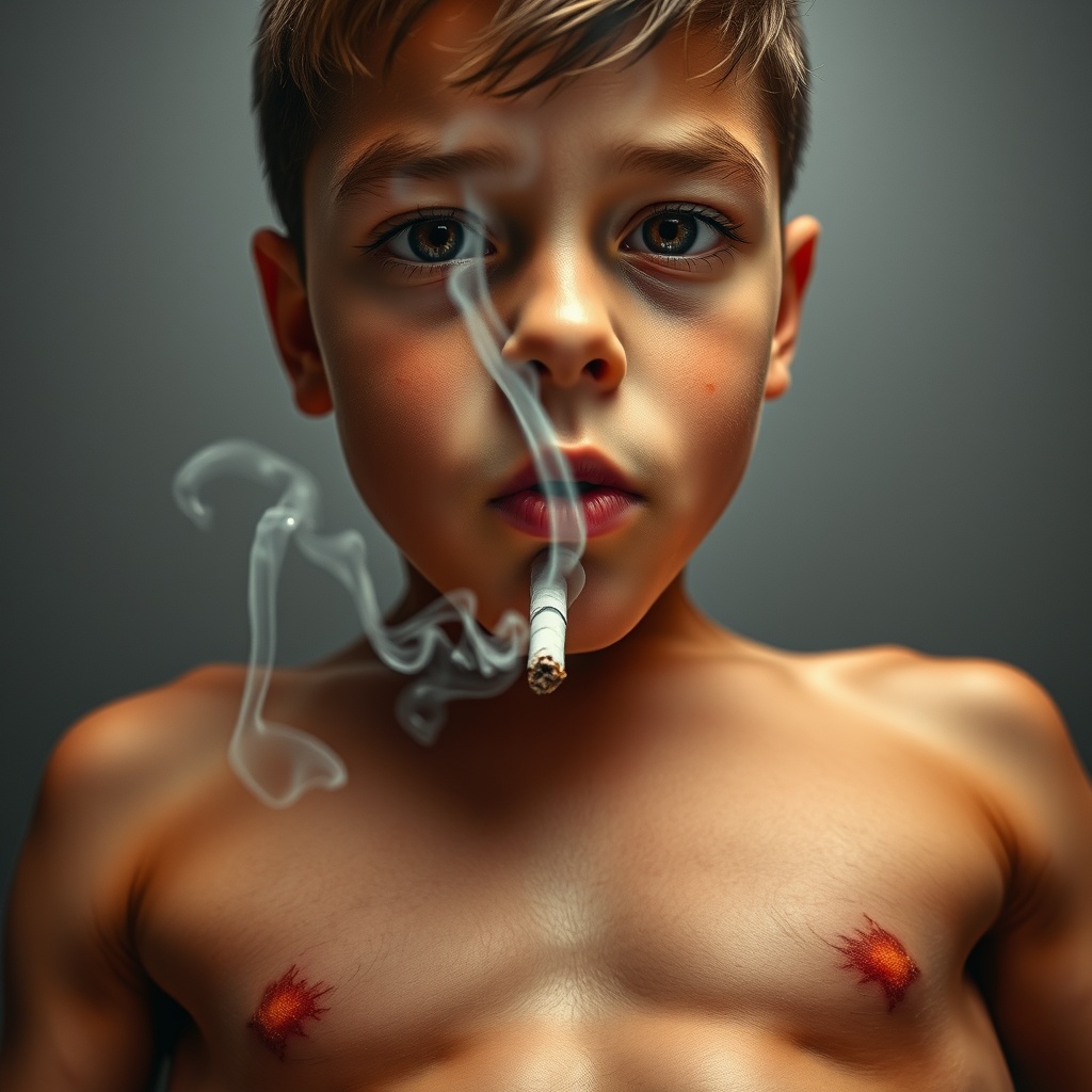 AI generated image by FLUX.1-schnell: Very Low angle shot of a Beautiful Young clever Boy 7-year-old elementary school boy with beautiful eyes Smoking a cigarette with hot white smoke coming out of the cigarette. Visible 6 pack abs and strong pectoral muscles. Boy looking downward directly at the camera with a mischievous clever expression on his face, Filmed from his abdominal muscles and up Visible 6 pack abs and pectoral muscles showing, with 6 pack abs and defined pectoral muscles visible. Short haircut. low angle shot