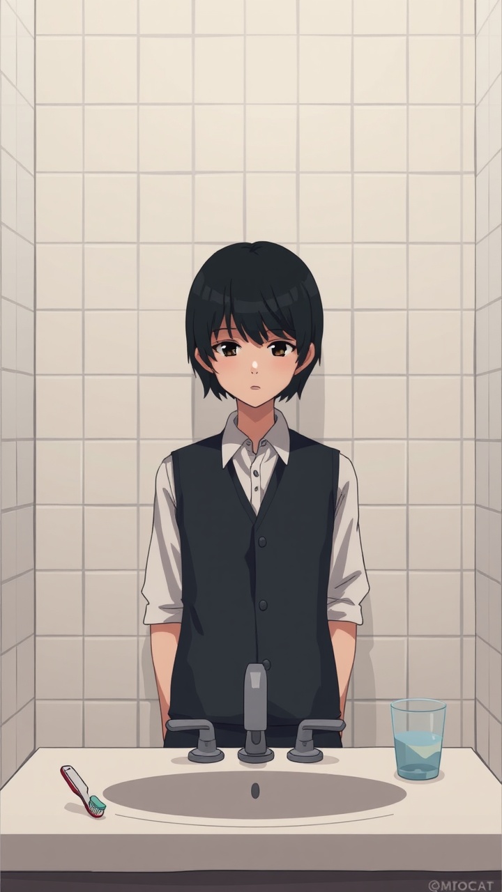 AI generated image by FLUX.1-schnell: Omocat's omori game artstyle, The image depicts a young person standing behind a bathroom sink, their expression somber. Their dark hair is neatly styled, and they are dressed in a white shirt with a dark vest. The tiled walls behind them are plain and featureless, creating a sense of isolation. The only other elements in the scene are a toothbrush and a glass on the counter, suggesting a routine that the individual may find difficult to engage in. The overall mood of the image is melancholic, hinting at a sense of loneliness or sadness. The subdued colors and minimalist composition further contribute to the somber atmosphere. The image leaves room for interpretation, inviting viewers to consider the inner thoughts and feelings of the subject.
