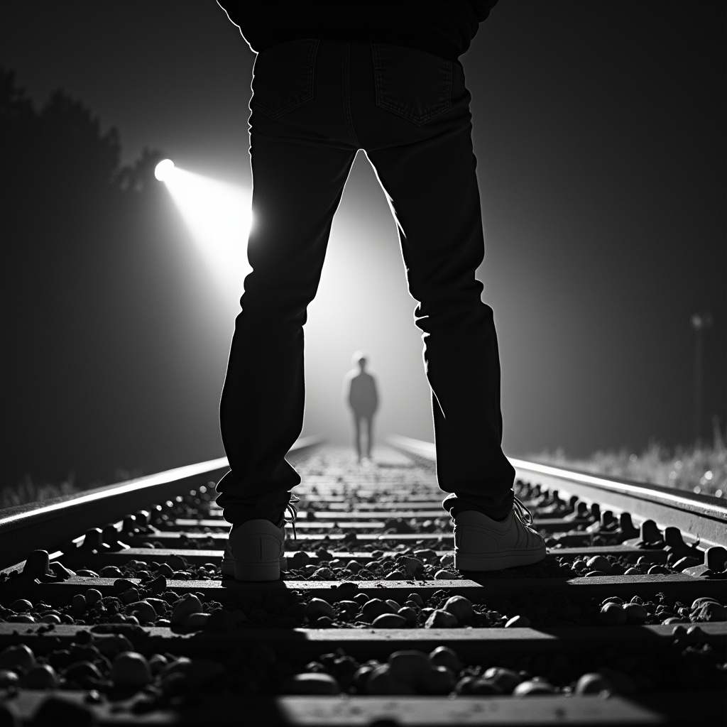 AI generated image by FLUX.1-image-to-image: A black-and-white central compositioned closeup photo at night. The silhouette of a man's legs stands with his back to the camera on railroad tracks, facing the background. A spotlight from the background shines between his legs. Someone's other far silhouette is in this spotlight. dramatic backlit lighting