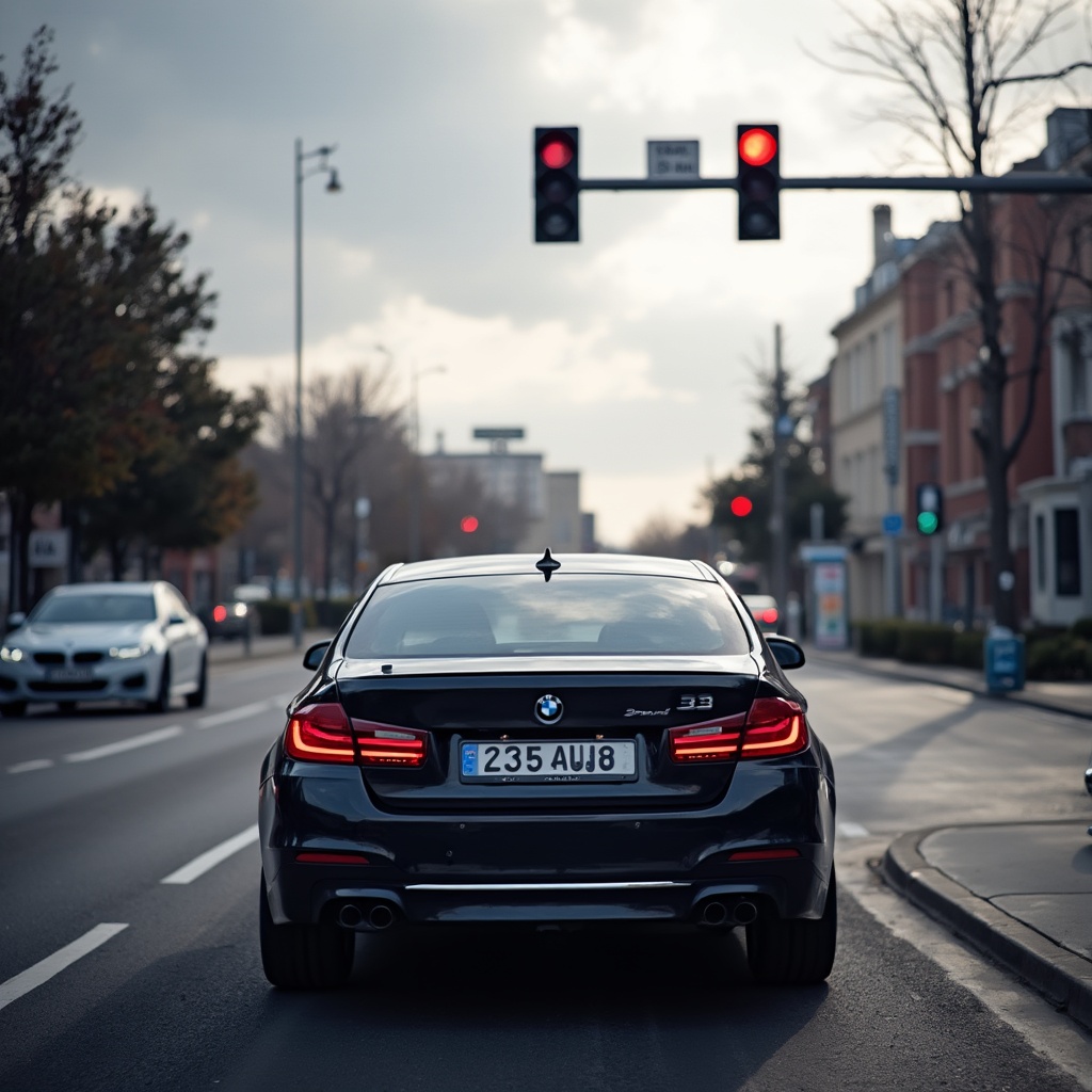 AI generated image by FLUX-Realism-Lora: A BMW car was waiting for the red light at the intersection. The license plate number was "235 AU8". The red light need to be clear.