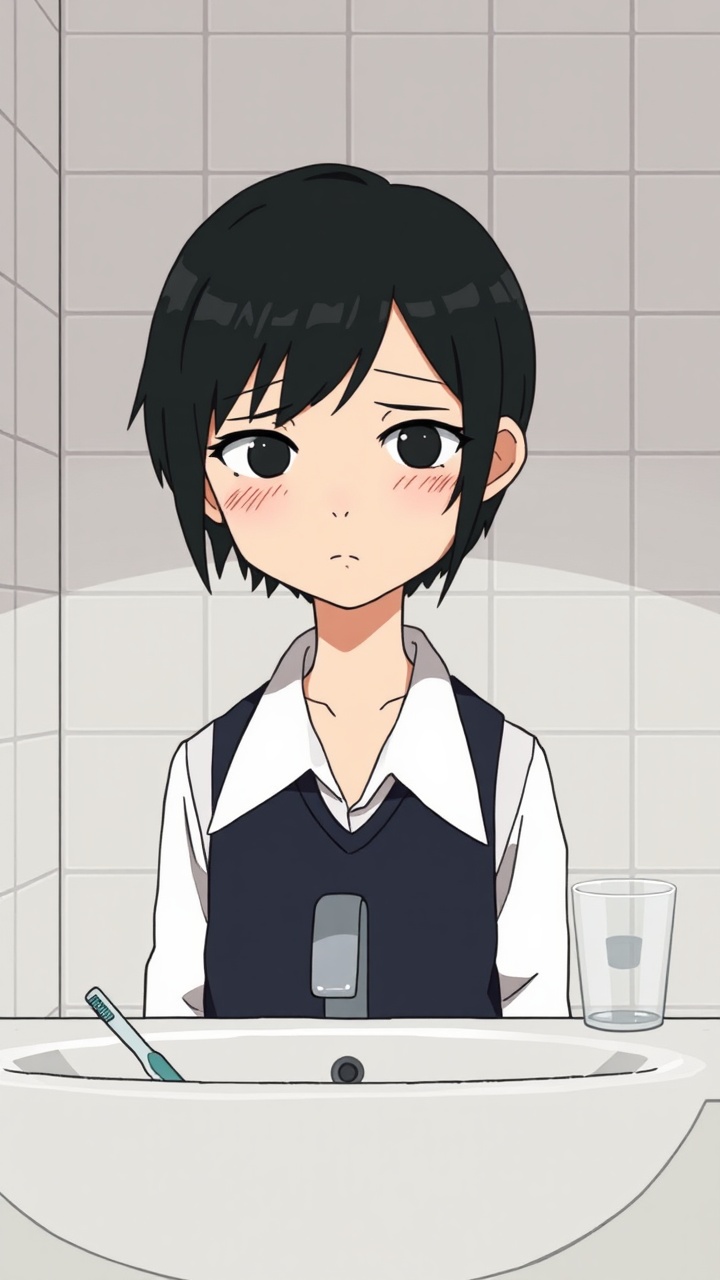 AI generated image by FLUX.1-schnell: Omocat's omori game artstyle, The image depicts a young person standing behind a bathroom sink, their expression somber. Their dark hair is neatly styled, and they are dressed in a white shirt with a dark vest. The tiled walls behind them are plain and featureless, creating a sense of isolation. The only other elements in the scene are a toothbrush and a glass on the counter, suggesting a routine that the individual may find difficult to engage in. The overall mood of the image is melancholic, hinting at a sense of loneliness or sadness. The subdued colors and minimalist composition further contribute to the somber atmosphere.  The image leaves room for interpretation, inviting viewers to consider the inner thoughts and feelings of the subject.