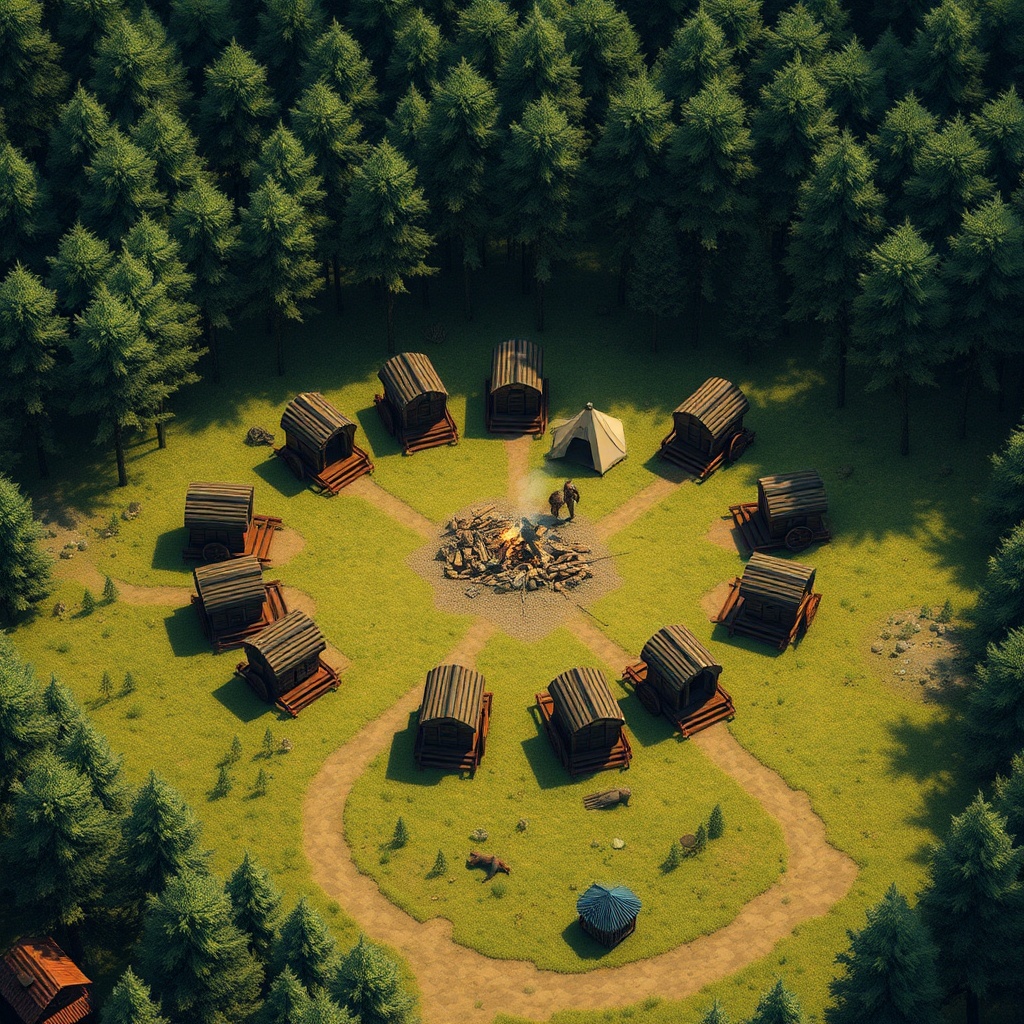 AI generated image by FLUX.1-schnell: Vibrant detailed large TTRPG BATTLEMAP that contains a circle of 9 wagons and makeshift horse pen in a forest clearing with an adjacent wagon trail. There is  a central cooking fire and a number of tents. 