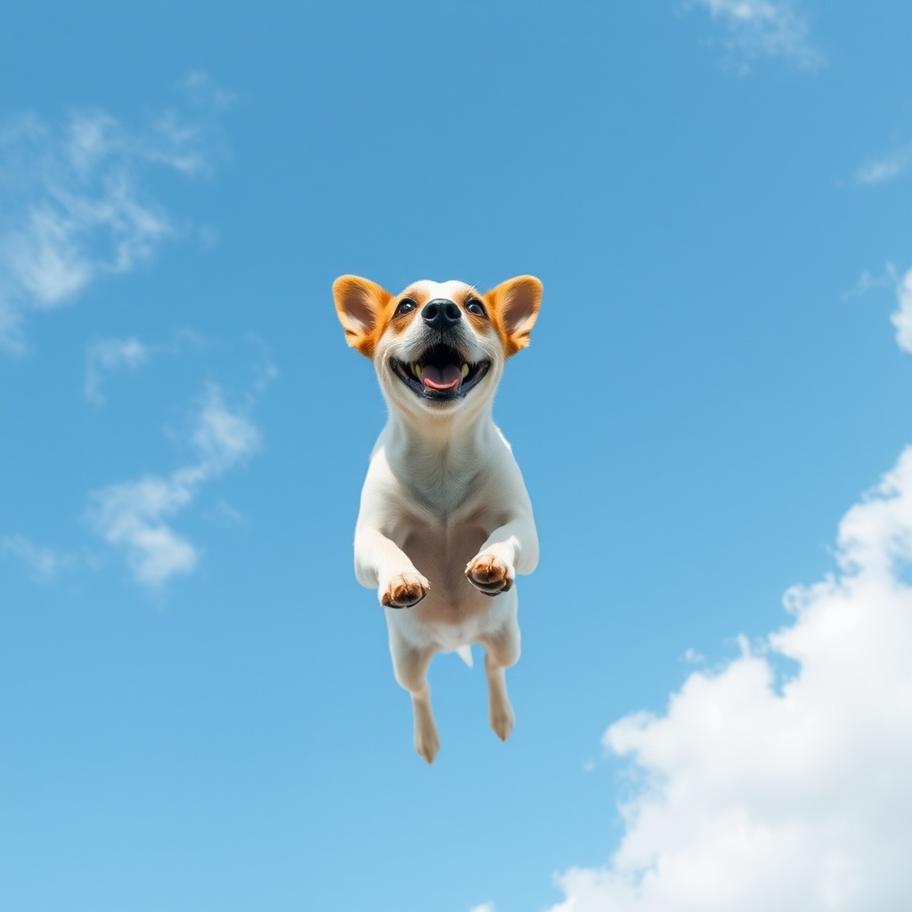 AI generated image by FLUX.1-schnell: a flying dog in the sky