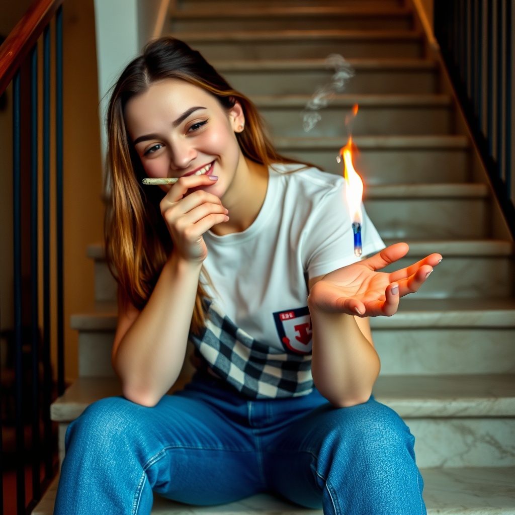 AI generated image by FLUX.1-schnell: A young woman is sitting on a stair case and is smiling as she smokes a joint and holds her left hand out. From her palm a small flame is coming out.