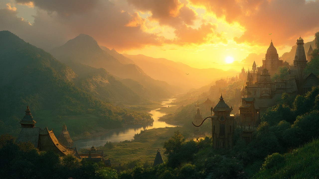 AI generated image by FLUX-Realism-Lora: A mystical, cinematic, 8K ultra-detailed illustration of a small ancient kingdom called Suvarnapur, set in a lush green valley under a dramatic sunrise sky, rolling hills and dense forests surrounding golden rooftops, small rivers reflecting warm sunlight, villagers in traditional attire visible in the distance, the kingdom looking serene yet slightly mysterious, vibrant colors with cinematic lighting, American audience perspective, epic wide-angle composition emphasizing scale and grandeur, rich textures on buildings and nature, subtle mist for a mysterious thriller effect, hyper-realistic, photorealistic attention to detail, 65-year-old wise yet naive king in distant palace barely visible, colorful flags fluttering, cinematic shadows, 200 words prompt describing beauty, prosperity, and subtle underlying tension.
