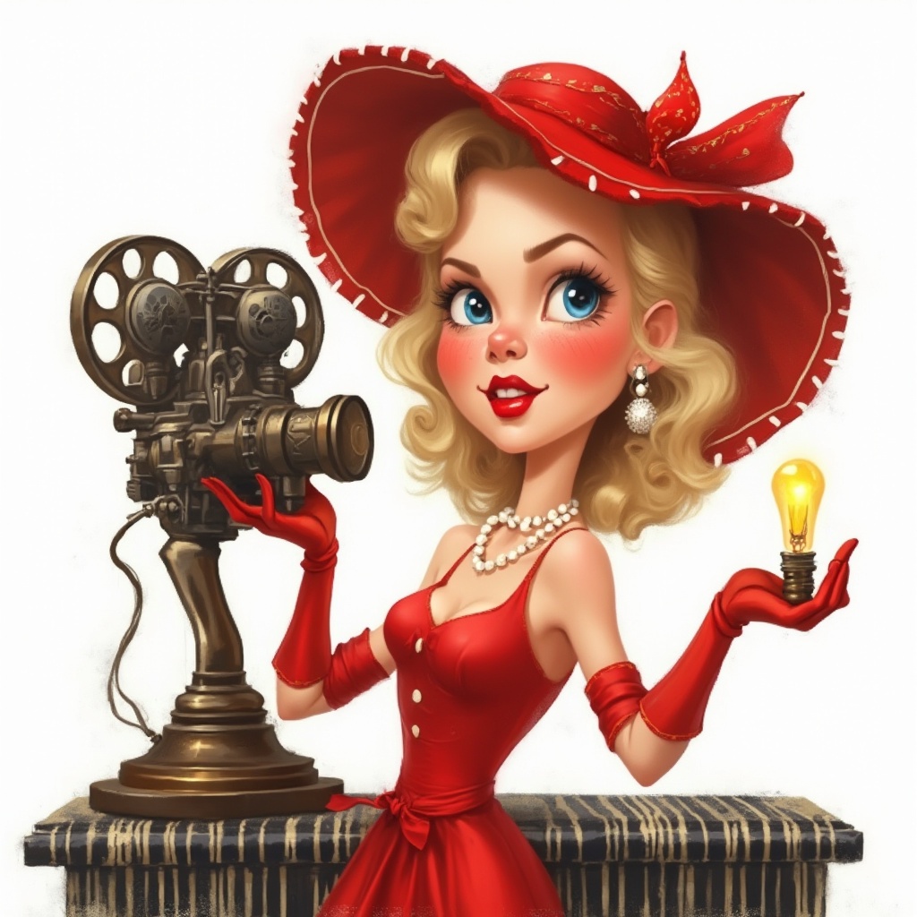 AI generated image by FLUX-Realism-Lora: cute caricature glossy Art-style pin-up image of a glamorous blonde woman from Hollywood's Golden Age posing with a vintage film projector. The woman wears a bright red dress, long red gloves, a wide-brimmed red hat with a matching bow, and a pearl necklace and earrings. She has bright blue eyes, rosy cheeks and bright red lips, with her blonde hair styled in classic waves. Next to her stands a detailed, antique film projector with a glowing light bulb. They stand on a table with a black and white striped surface.Rendering in Native 4K. oil painting, white background