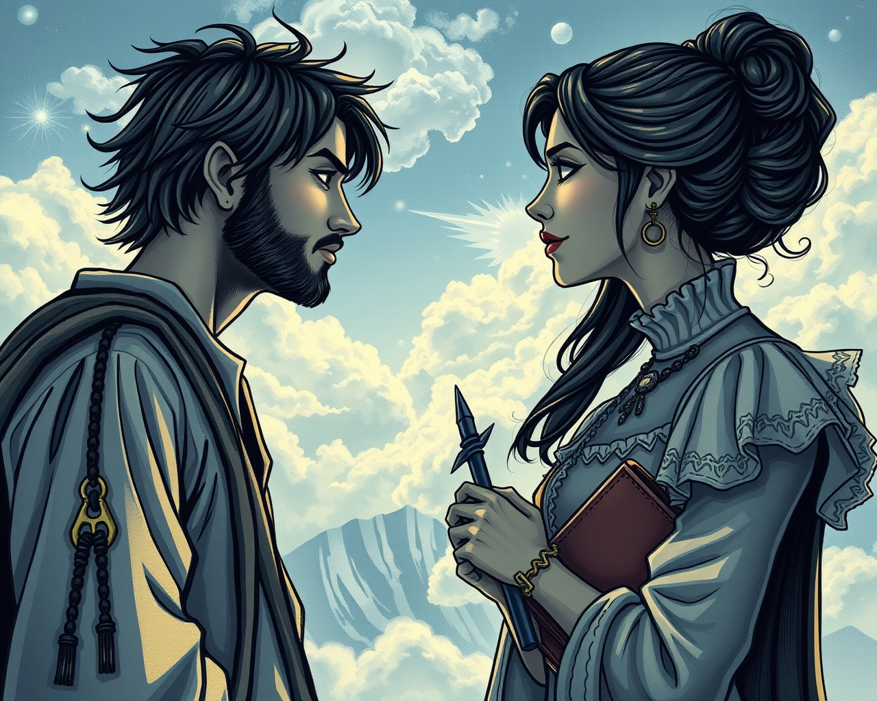AI generated image by FLUX.1-schnell: creame la imagen de un HOMBRE soñador, siempre con la cabeza en las nubes, imaginando dragones y mundos fantásticos y una MUJER práctica y decidida