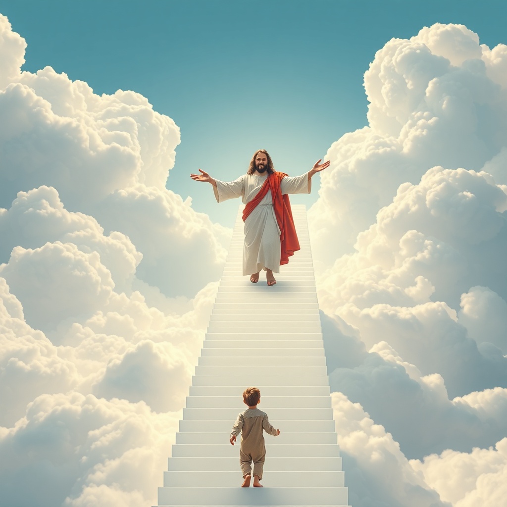 AI generated image by FLUX.1-schnell: A hyperrealistic image of Jesus descending a long white staircase completely surrounded by thick, fluffy, and bright clouds. The sky is a soft, clear blue, but the scene is filled with multiple layers of clouds at different heights, creating a heavenly atmosphere. Jesus wears a white robe and a red mantle, walking down with open arms and a loving, peaceful expression. At the bottom, a young boy in simple biblical-era clothing looks up at him in awe. There is no golden light and no arch—just natural, soft lighting. The image should be vivid, emotionally powerful, and full of realistic cloud detail.

