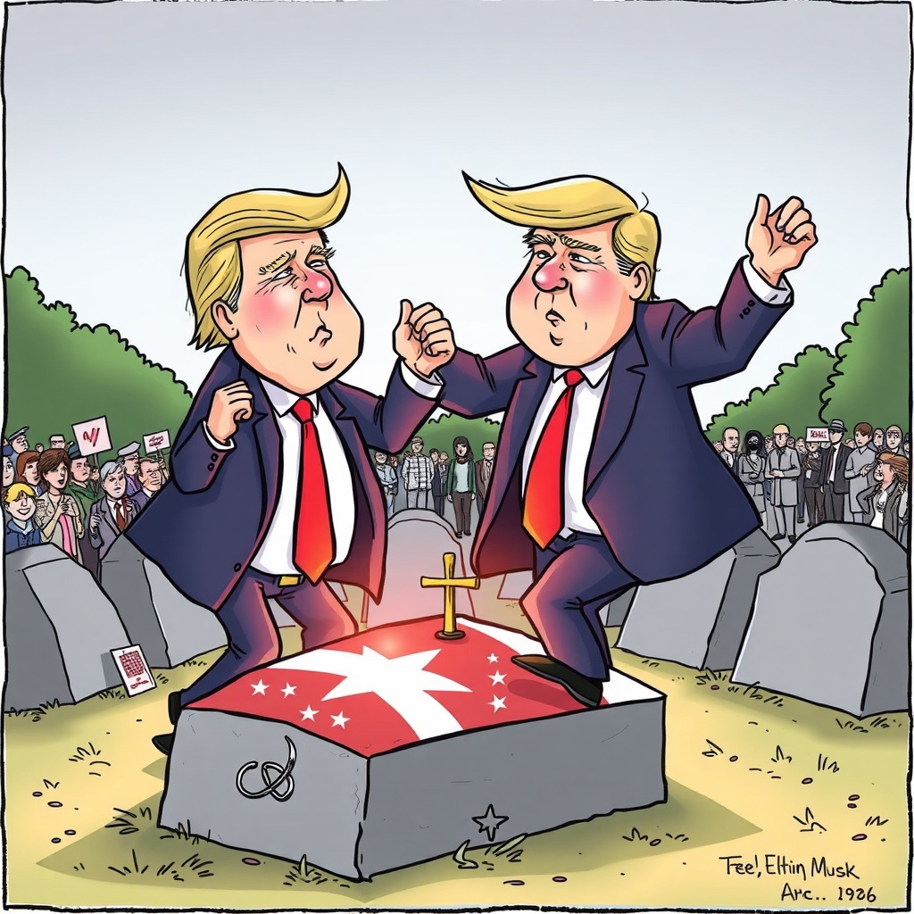 AI generated image by FLUX.1-schnell: Show me a newspaper cartoon of Donald Trump and Elon Musk dancing on the grave of the United States.