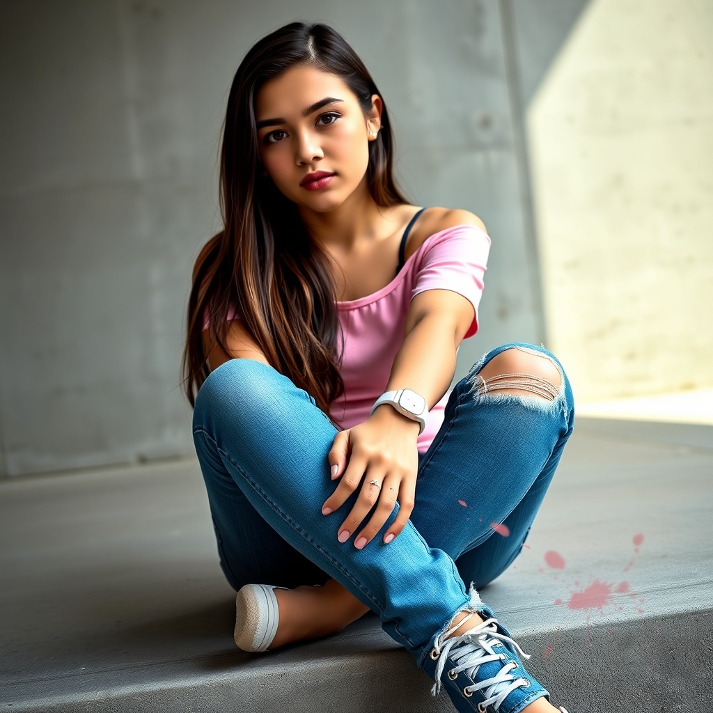 AI generated image by FLUX.1-schnell: A young woman (16-18 years old), with long, straight brunette hair framing her face, sits cross-legged on a wide, concrete step. She wears a semi-sheer, off-the-shoulder pink top and ripped blue jeans. Her gaze is thoughtful, directed slightly off-camera, hinting at introspection. The background is a minimalist, urban gray concrete wall, softly diffused light, casting gentle shadows.

**Focus on critical details on the jeans:**
- On her ring finger, a **white gold ring with a sparkling diamond**.
- On her hand, a **round Google Pixel Watch with a white band**.
- **Crucially, on her ripped blue jeans (specifically on the leg), there is a distinct, small, circular tear or perforation in the fabric, appearing as if made by a forceful impact.**
- **Adjacent to this fabric perforation, vibrant, impactful red paint splashes are visible, but ONLY on the fabric of the jeans, clearly identifiable as paint, not organic material.**
- **Right next to the fabric perforation and paint, a clear, stylized 60s peace symbol is drawn, **
- **Below the peace symbol, clearly legible text reads: "WAR NO, LOVE YES".**

**Lighting and Atmosphere:** Soft, diffused, natural lighting. Gentle shadows. The overall mood should be contemplative and subtly impactful, contrasting the softness with the strong message.

**Art Style/Quality:** Photorealistic, high-detail, cinematic lighting, ultra-fine details, sharp focus, 8k, professional photography. Another very small red round hole 2 cm in diameter