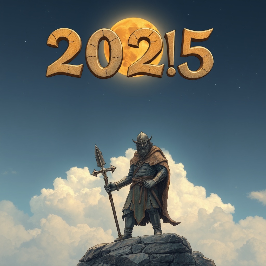 AI generated image by FLUX.1-schnell: dibuja el año "2025" bien grande sobre el cielo.
Debajo un hombre medieval de piedra.
que se esculpe a si mismo.
con un mazo y un cincel     