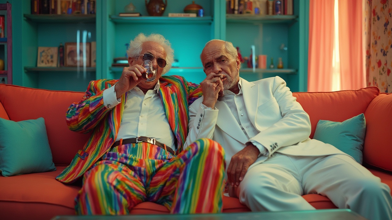 AI generated image by FLUX-Realism-Lora: Andy Warhol  wearing rainbow suit drinking whiskey with Vincent Van gogh wearing white suit in Futuristic sofa in Lighting Futuristic Living room