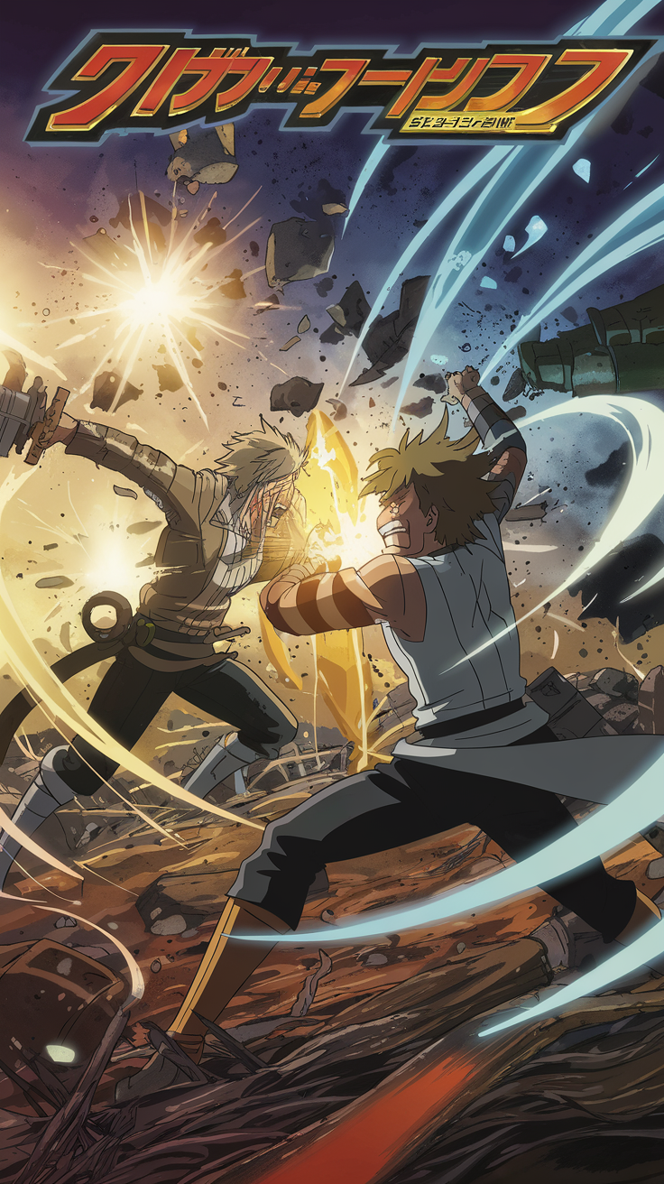 AI generated image by ideogram 2.0: Comic cover in anime style, featuring an intense fight scene between two main characters. The scene is dynamic and filled with energy; one character is on the left, attacking fiercely with a powerful weapon, while the other is on the right, blocking the attack with a glowing shield or magical aura. The background shows a chaotic battlefield with crumbling debris, bright flashes of light, and fiery explosions. The color scheme is vibrant, with contrasting warm and cool tones highlighting the intensity of the moment. Both characters have intense facial expressions, with wind and energy waves swirling around them. The title of the comic is at the top in bold, stylized text, giving the cover an epic feel