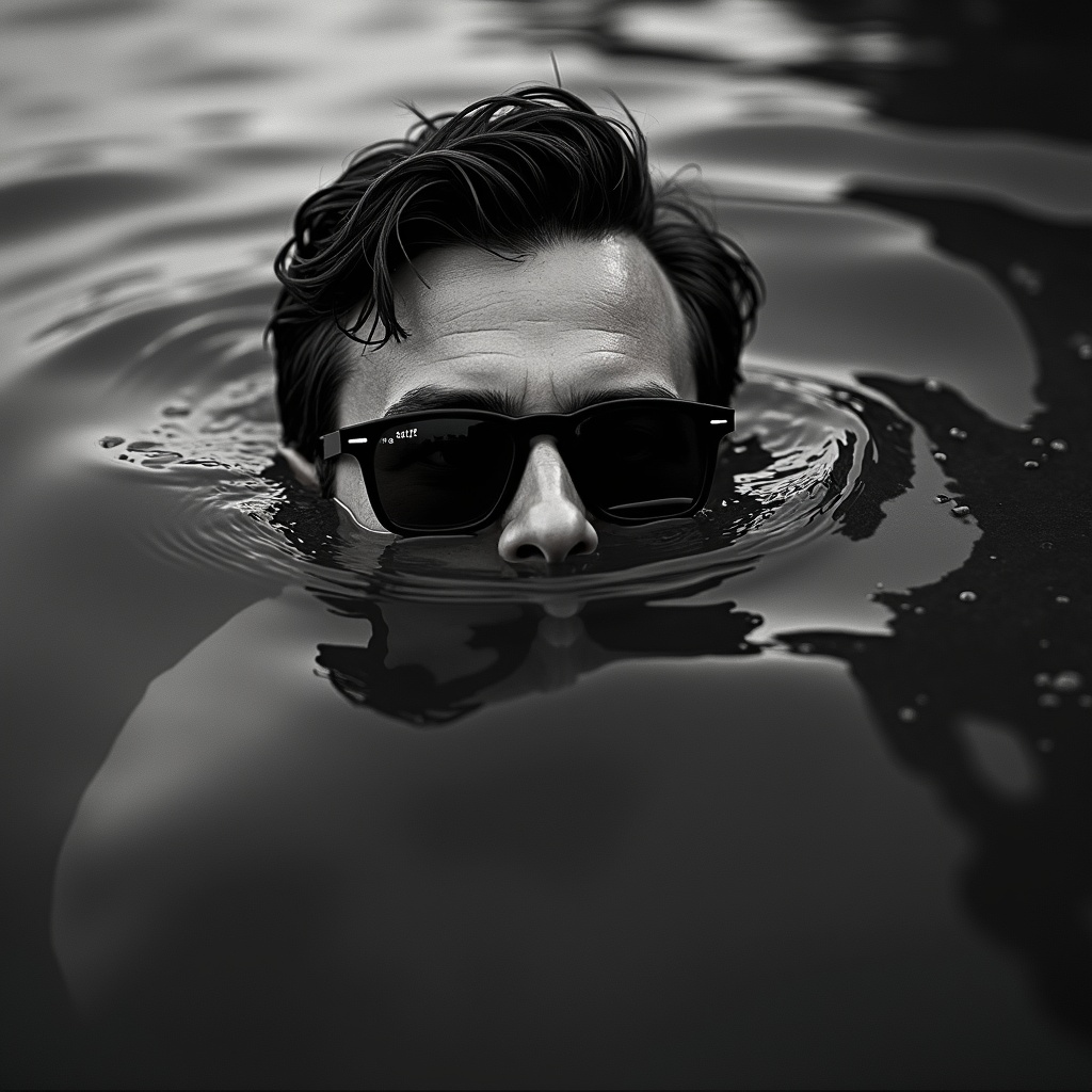 AI generated image by FLUX.1-image-to-image: A black and white photo of a lying man's head just above dark water, sunglasses partially submerged. The camera is low, parallel to the water