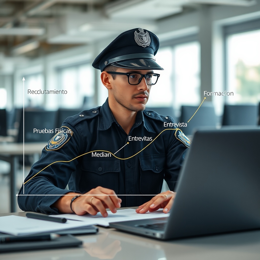 AI generated image by FLUX.1-schnell: "Cree una imagen donde un policia de colombia analista de datos esté trabajando en una estación de trabajo, con un grafo dirigido de fondo. El grafo debe representar una ruta de selección de personal para la Policía Nacional de Colombia. En el grafo, se deben visualizar nodos que representen diferentes etapas del proceso de selección, como 'Reclutamiento', 'Pruebas Físicas', 'Entrevista', 'Examen Médico', y 'Formación'. Las aristas dirigidas deben mostrar el flujo de una etapa a otra, indicando la secuencia del proceso. El analista de datos debe estar observando el grafo con atención, posiblemente utilizando herramientas de análisis de datos en su pantalla, policia nacional de colombia."