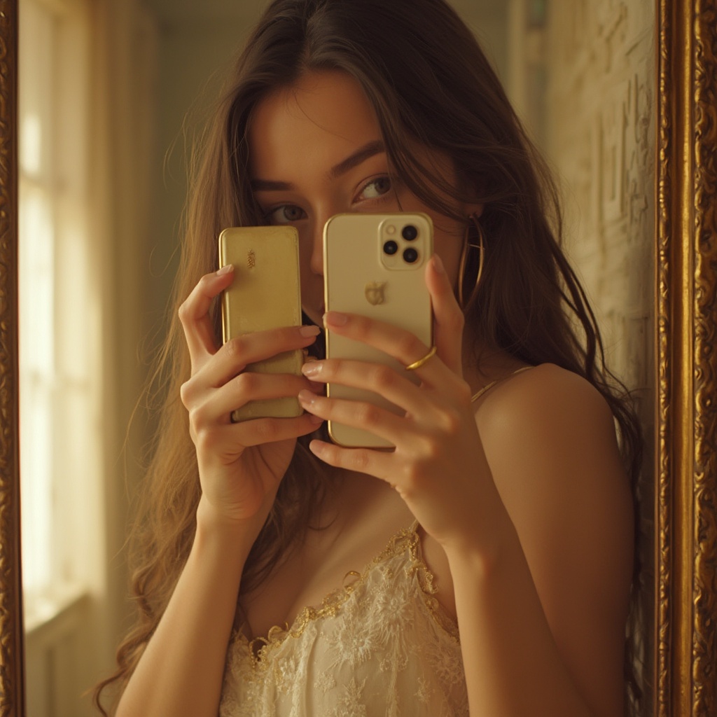 AI generated image by FLUX-Realism-Lora: teen girl taking mirror selfie from her iphone 15 pro golden color