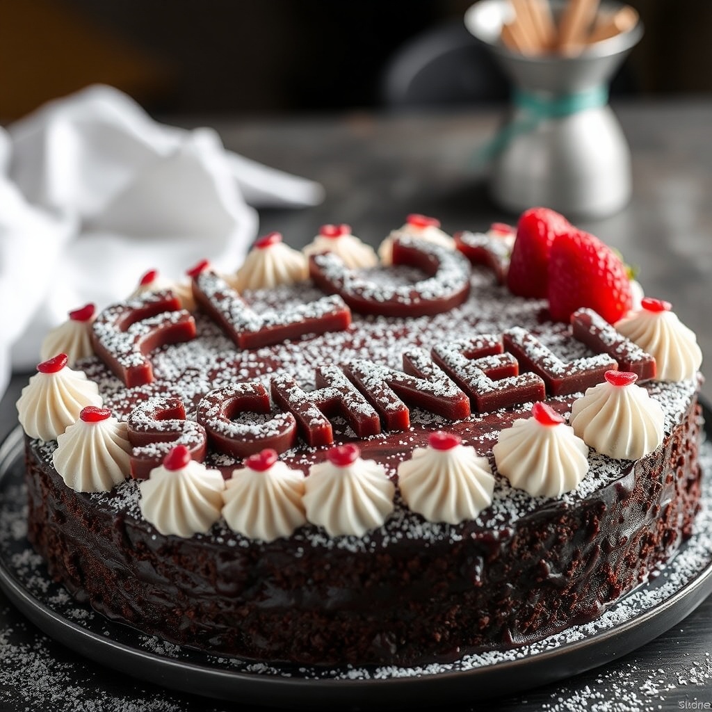 AI generated image by FLUX.1-schnell: black forest gateau cake spelling out the words "FLUX SCHNELL", tasty, food photography, dynamic shot