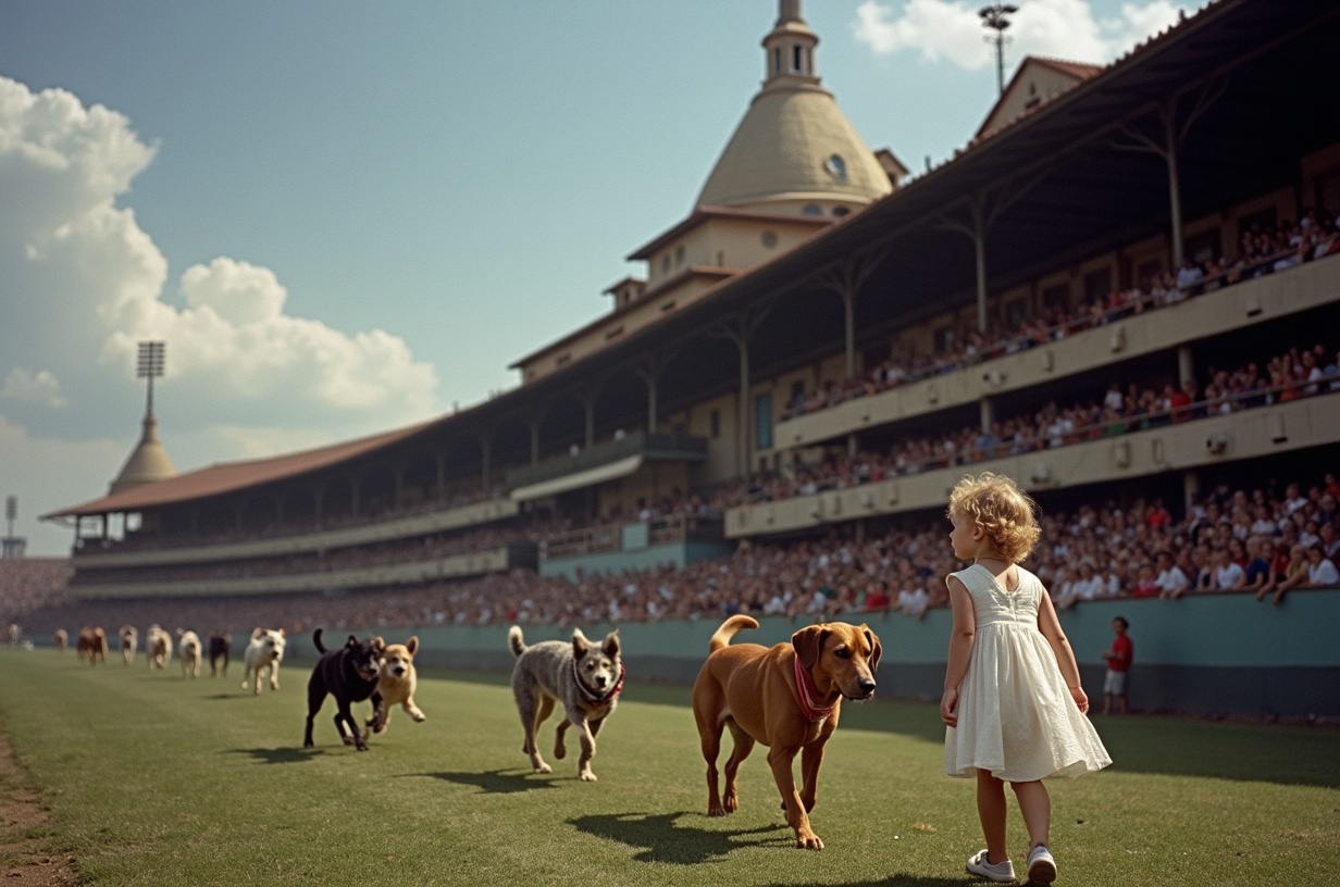 AI generated image by FLUX.1-image-to-image: Take the picture building but in 1960's in Barcelona. A little girl is looking dog track race, with 7 dogs running and the stands are full of people excited about the race.