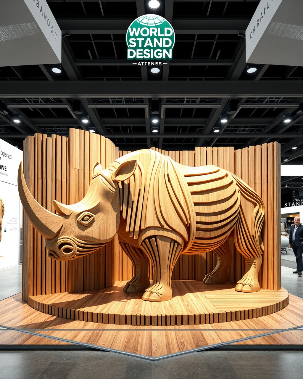 AI generated image by FLUX.1-schnell: Create a visually striking and captivating rendering for the "WORLD STAND DESIGN" exhibition booth. The design should prominently showcase the company’s logo at the top, ensuring it stands out and draws the eye of attendees. 

For the booth's aesthetic, draw inspiration from an abstract 2D representation of a rhinoceros. This will be achieved through the innovative use of wooden strips, each measuring 2 cm in thickness, arranged artistically to evoke the qualities and silhouette of the rhinoceros. The strategic placement and layering of these wooden elements will not only highlight the unique theme but also create a dynamic visual experience that engages and intrigues visitors, embodying the essence of nature and design.