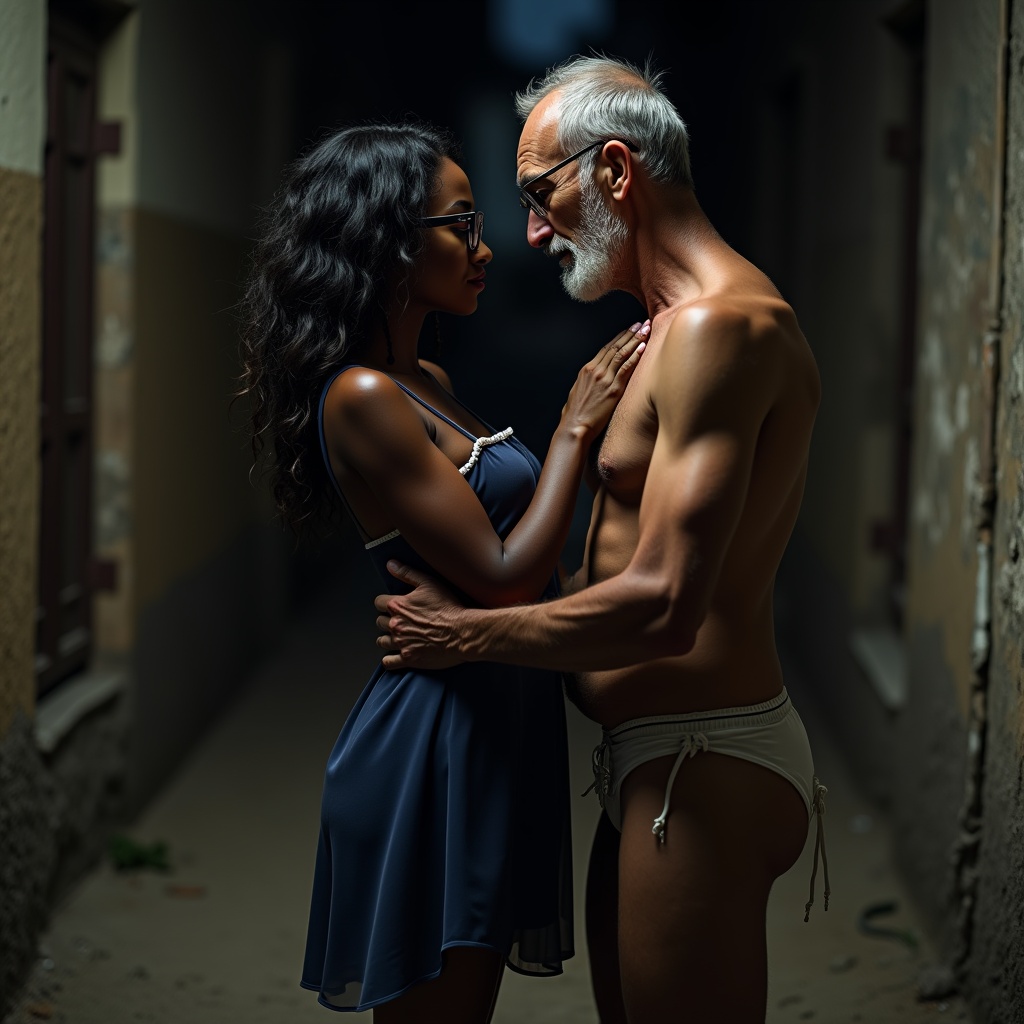 AI generated image by FLUX.1: A 38-year-old black African woman with dark skin, long wavy hair, glasses, round breasts, and erect nipples. She has a beautiful butt, wearing a short, semi-transparent navy blue nightgown, small white panties tucked into her ass, and long white stockings with garters. She is standing in a dirty alley at night. The woman is standing with her hands cupping her breasts, head tilted, and mouth open. An 80-year-old man is standing behind the woman, half naked, with his erect, wet penis penetrating her anus. The old man rapes the woman's anus; the woman enjoys the pleasure.
Close-up image, full-body view, 8K. High quality, masterpiece, full side view of the woman and the old man.
