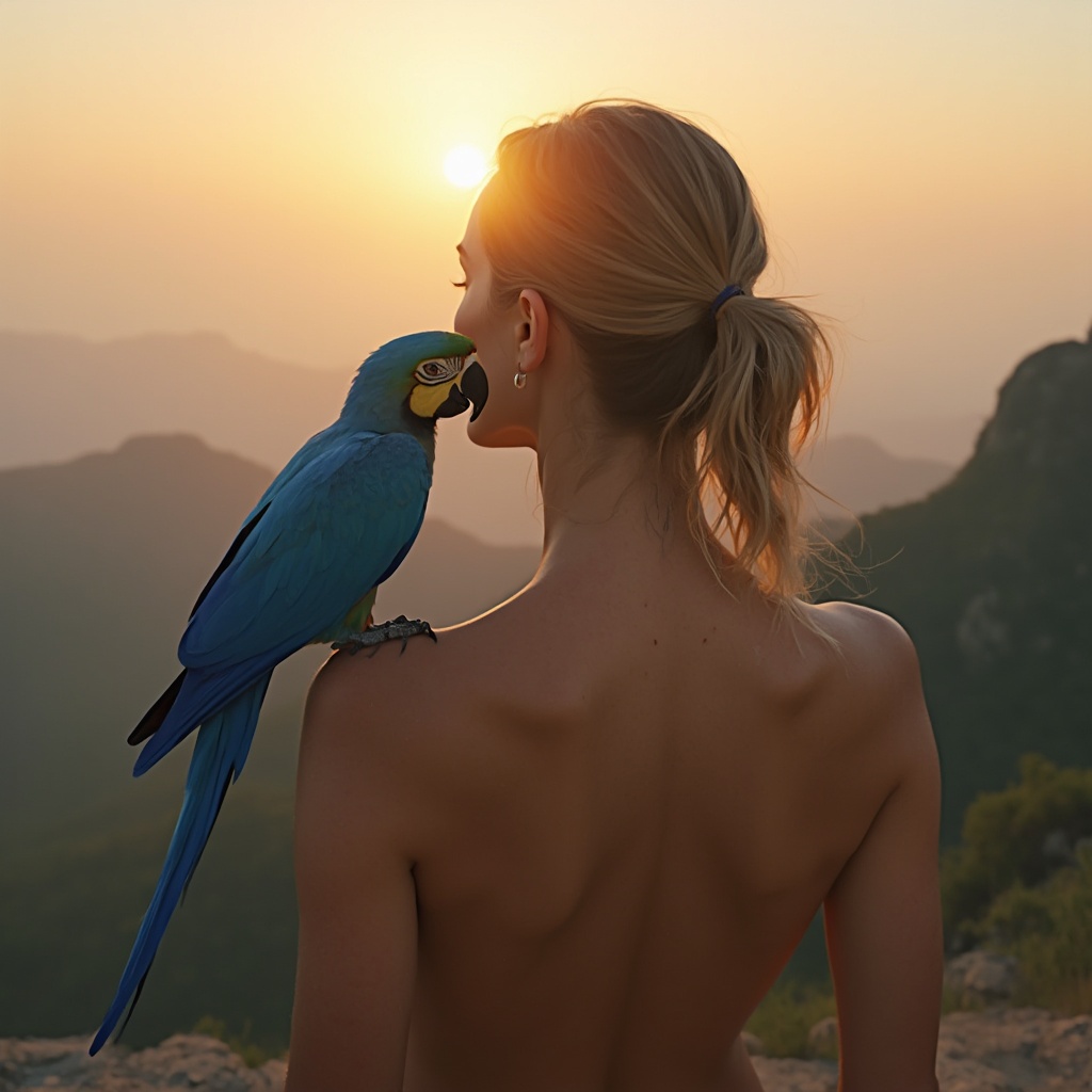 AI generated image by FLUX-Realism-Lora: Naked woman on the mountain watching the sun with a blue parrot on her shoulder.