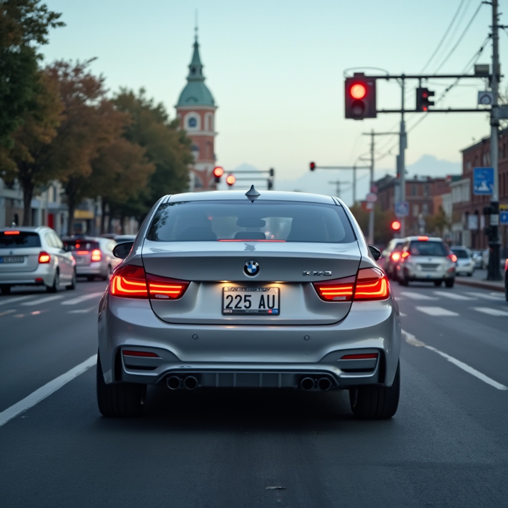 AI generated image by FLUX-Realism-Lora: A BMW car was waiting for the red light at the intersection. The license plate number was "235 AU8".