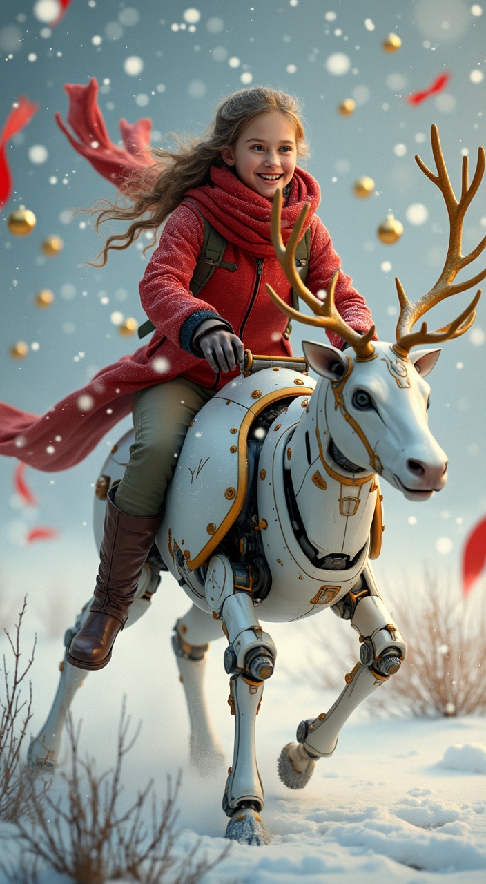 AI generated image by FLUX.1-pro: A young woman in a red scarf and red jacket, smiling, riding a white mechanical reindeer with gold accents.  The reindeer has large antlers and mechanical legs and arms.  The scene is snowy, with red ribbons flying in the air, and small golden gifts floating around.  The background is a winter landscape with some low shrubs.  Impressionistic, hyperrealistic lighting and bokeh.  The colors are a mix of bright reds, whites, silvers, golds, and hints of blues in the sky.  The mechanical reindeer is detailed, with visible mechanisms and gold accents.  The overall style is festive, joyful, and fantastical, similar to Christmas or holiday themed imagery.  Focus on the interaction between the person and the machine, as well as the festive setting.
