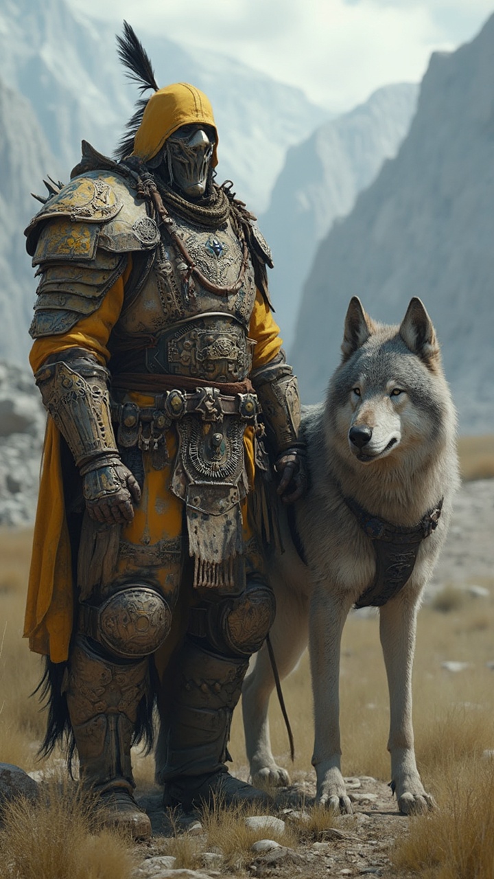 AI generated image by FLUX-Realism-Lora: hyper-realistic, ultra-realistic, telephoto lenses, an armored masked shoshone tribe superhero standing next to a large armored gray wolf companion, warcraft armor with primarily yellow, blue and brown colors, facing the camera, natural terrain 