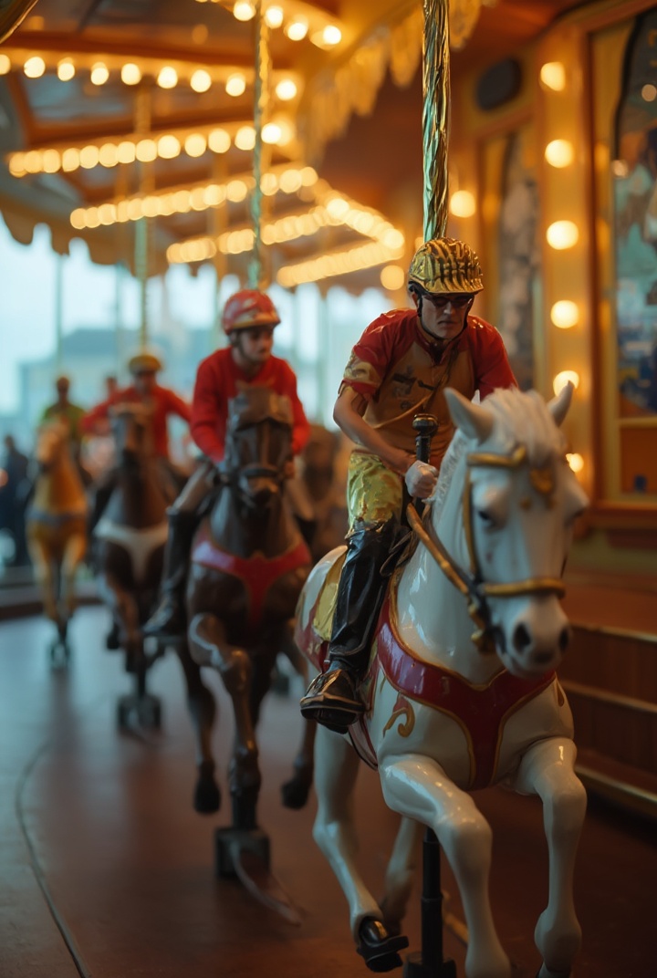 AI generated image by FLUX-Realism-Lora: A closeup photo of real racing jockeys riding carousel plastic horses. The race contest is very intense and dramatic. Depth of field. Motion blur. Backlight 