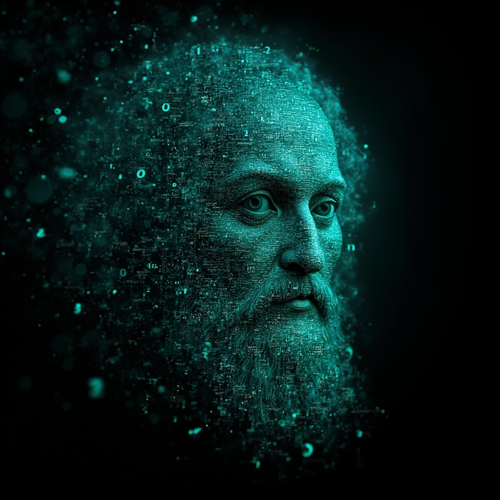 AI generated image by FLUX-Realism-Lora: Leonardo DaVinci's face as a digital mask made from thousands of bright turquoise numbers and formulas forming his face. The formulas and numbers fly behind the mask leaving a trail of complexity. The mask is floating dynamically in mid air. His head is turned to the right but his eyes are looking directly into the camera. The mask is on a black background. Like a png with black only background. Photo realistic, sci-fy