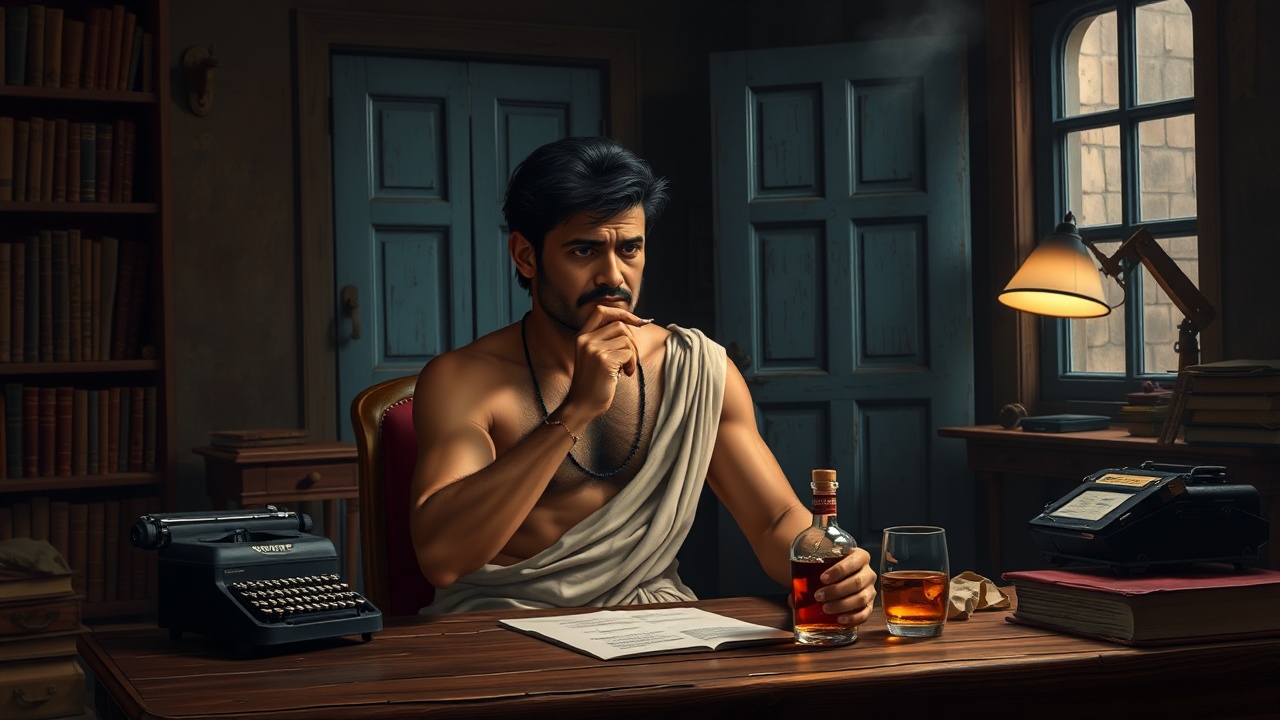 AI generated image by FLUX.1-schnell: A 40-year-old good-looking Tamil man sits at the his rustic old study desk, drinking, a cigarette in his hand. He is black hair, shirtless, beige dhoti, a mustache, hairy. He is sad. The setting is a retro French-style dark study with a light-bluish door and window and lots of books. a study lamp, an old typewriter, a few crumpled old papers on the desk. Full-length. Whiskey bottle and glass. High-quality ultra-realistic 2D illustration.