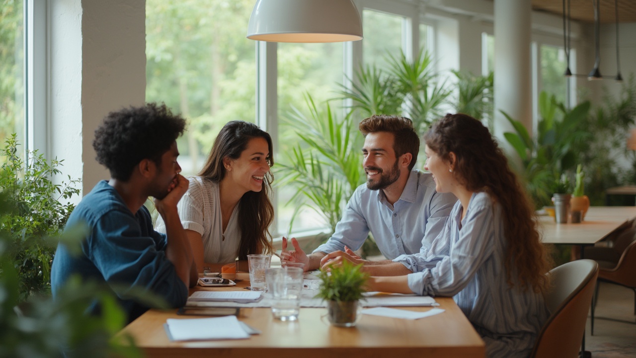 AI generated image by FLUX-Realism-Lora: A medium-angle shot of a group of diverse professionals collaborating around a modern office table, their expressions engaged and smiling as they discuss ideas, in a well-lit space with large windows, lush plants, and stylish contemporary furniture, capturing a sense of unity and teamwork; afternoon natural light filling the room, shot with a Sony A7R IV, 35mm lens, vibrant colors"