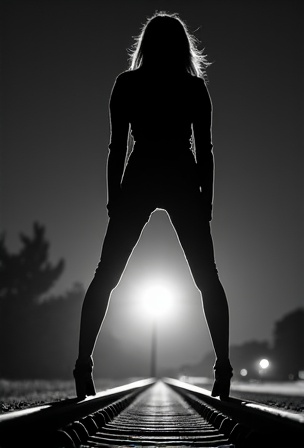 AI generated image by FLUX.1-image-to-image: A black-and-white central compositioned closeup photo at night. The silhouette of a woman's wide spreaded legs stands with her back to the camera on railroad tracks, facing the background. A spotlight from the background shines between her legs. dramatic backlit lighting