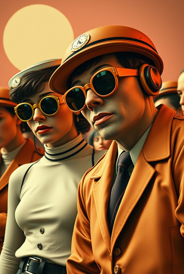 AI generated image by FLUX.1-schnell: ((In the style of Peter Greenaway + codex seraphinianus & Russian space age))  Photorealistic sleazy retro characters, 