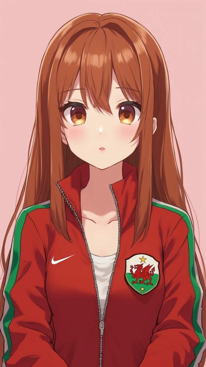 AI generated image by FLUX-Realism-Lora: A frontal portrait of a cute Japanese idol girl with straight, long auburn hair styled with a simple middle part. Her large, warm hazel eyes radiate friendliness, and her lips are glossed in a pale pink. She is wearing a stylish training jacket inspired by the Welsh national team, featuring a striking red and green color scheme. The jacket has a plunging neckline, adding a trendy edge. The background is a soft, light pink, enhancing her sweet and charming look.