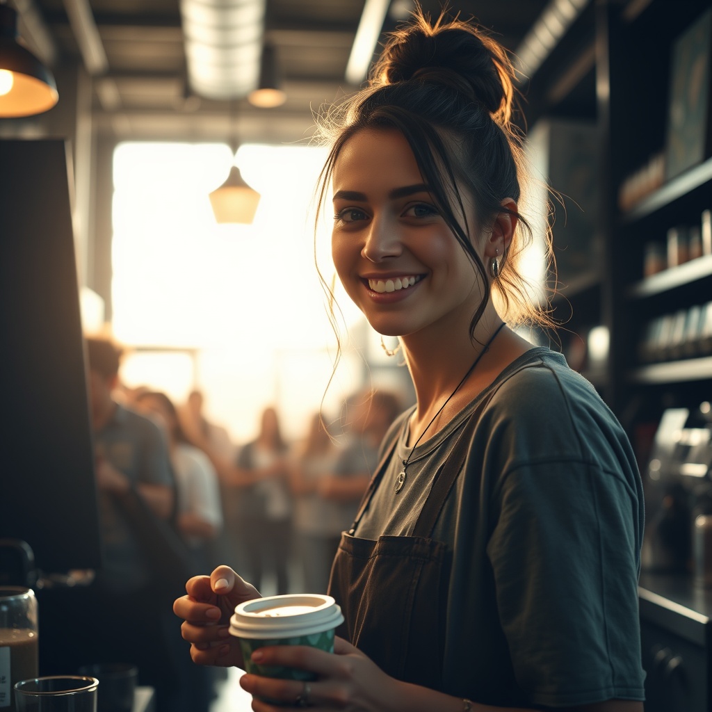 AI generated image by FLUX.1-schnell: Anna Shaffer from the show the witcher working as a barista at a crowded coffee urban coffee shop, she's smiling, punk barista, she's serving you coffee in a to go cup with a lid, wearing a tshirt, tattoos, female employee, sunrise coming in through the windows, crowds of people, warehouse architecture, luminescent,  realistic skin, realistic photo, beautiful, gorgeous,  stunning, breathtaking, attractive, exquisite, alluring, mesmerizing, ravishing, splendid, magnificent, graceful, dazzling, striking, enchanting, radiant, resplendent, bewitching, glamorous, 
delightful, enthralling, fascinating, winsome, picture-perfect, captivating, irresistible, confident, Ultra high definition, picture, photograph, ultra realistic, Analog photography, high quality, Fujifilm, 105mm professional photography, dslr, high quality film, Fujifilm xt3, film still, highly detailed, 8K, cinematic lighting, hd, high resolution, intricate detail, digital painting, sharp focus, trending on artstation,  
