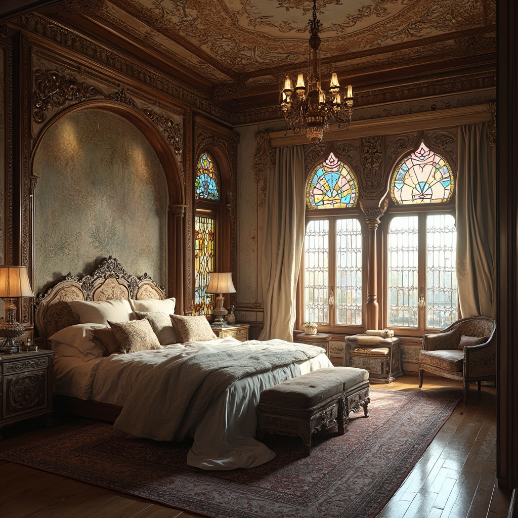 AI generated image by FLUX-Realism-Lora: A Creative luxurious and artistic bedroom interior concept inspired by traditional Persian design and Iranian culture, featuring intricate wooden carvings, elaborate stained glass windows, and a beautifully painted ceiling. The room includes a large, comfortable bed adorned with plush pillows and a patterned rug on the floor. Soft light cascades through the windows, creating a serene atmosphere. Ornate decor elements, such as a vintage chandelier and an elegantly designed armchair, enhance the opulence of this space, blending classic elegance with cultural heritage ,cinematic --style raw --stylize 750.0 --ar 16:9 --v 7 