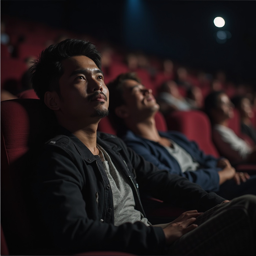 AI generated image by FLUX-Realism-Lora: " IMG_1024.HEIC " hadsome Malay Men in cinema Watching Venom movie