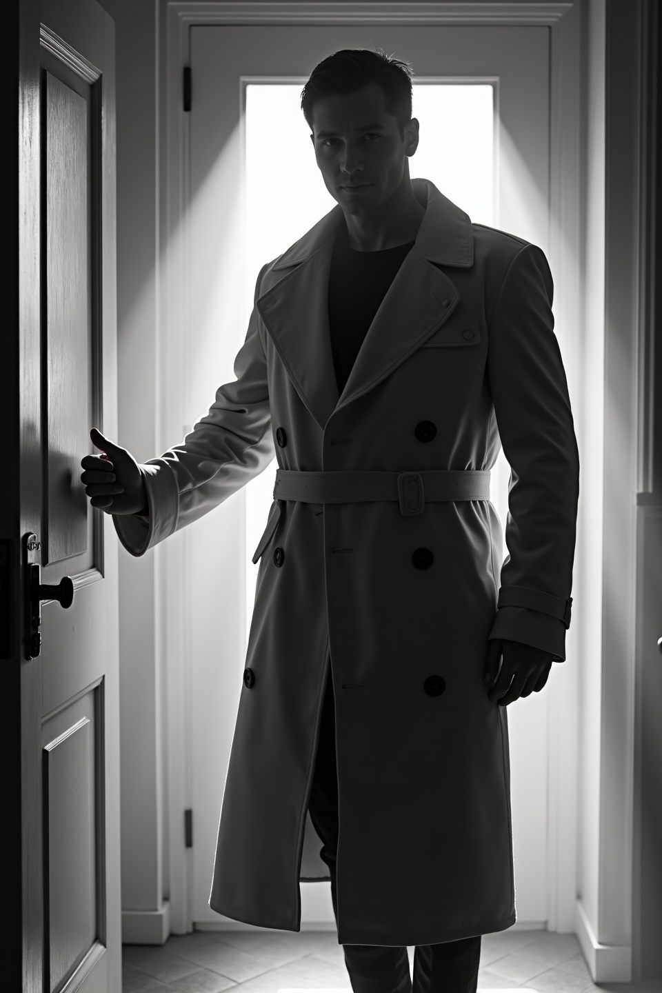 AI generated image by FLUX.1-image-to-image: black-and-white photo with the backlit dark silhouette of a handsome broad-shouldered man in a trench coat standing in a doorway coming and looking to camera. 
The man holding the door handle, as if he just entered the room. God rays. Backlight 