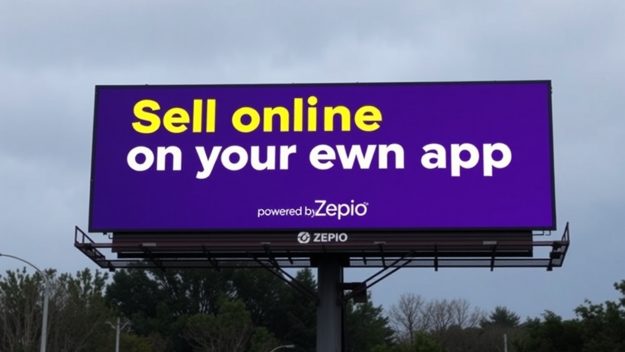 AI generated image by FLUX.1-schnell: Billboard saying "Sell online on your own app" and below it should say powered by Zepio
