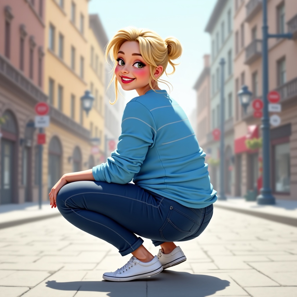 AI generated image by FLUX.1: digital painting,thin slightly chubby woman like a Brandy Smile , in blue t shirt with long sleeve with thin white stripes ,with blonde hair slicked in small neat bun , in white snickers,in dark blue low rise jeans,with alluring subtle smile, with oblique eyes, ON CITY STREEt ,squatting in playful pose in back side view