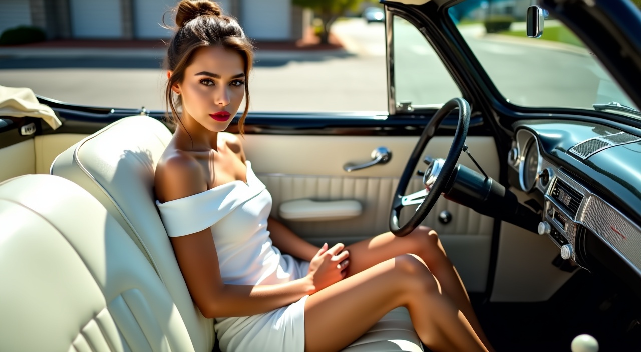 AI generated image by FLUX.1-pro: Parking lot on a bright sunny day. Lots of light. A beautiful very petite young caucasian woman 30 years old is sitting in the front seat behind the steering wheel of a black 1948 chevrolet convertible with the top down. The car has white leather seats and white carpet on the floorboard. The woman has long brown hair gathered in a bun, brown eyes, pale skin red lipstick and eye makeup, Serious expression. She is wearing a tight-fitting  white off-shoulder minidress hemmed above the knee. Suede white ultra high heel wedge slides with a pink flower on the vamp. Feet on the floorboard. Camera positioned to the right and slightly behind the woman. Legs resting on the seat. Full body shot with focus on the feet. 