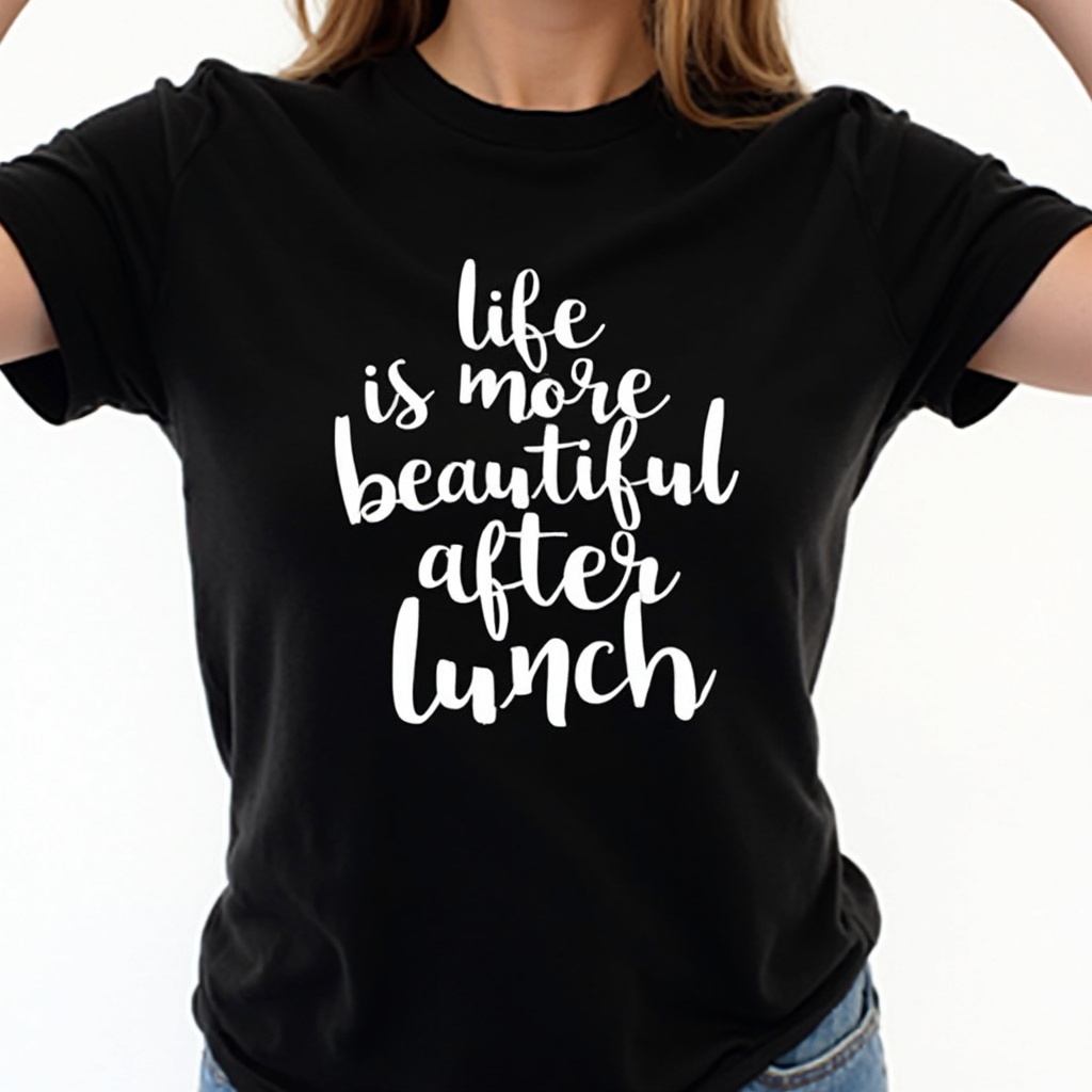 AI generated image by FLUX-Realism-Lora: A photo of a black t-shirt with a white print of the text "Life is more beautiful after lunch " on the front. The text is written in a swollen ink, cursive script. The shirt is being worn by a person with their arms raised. The background is white.