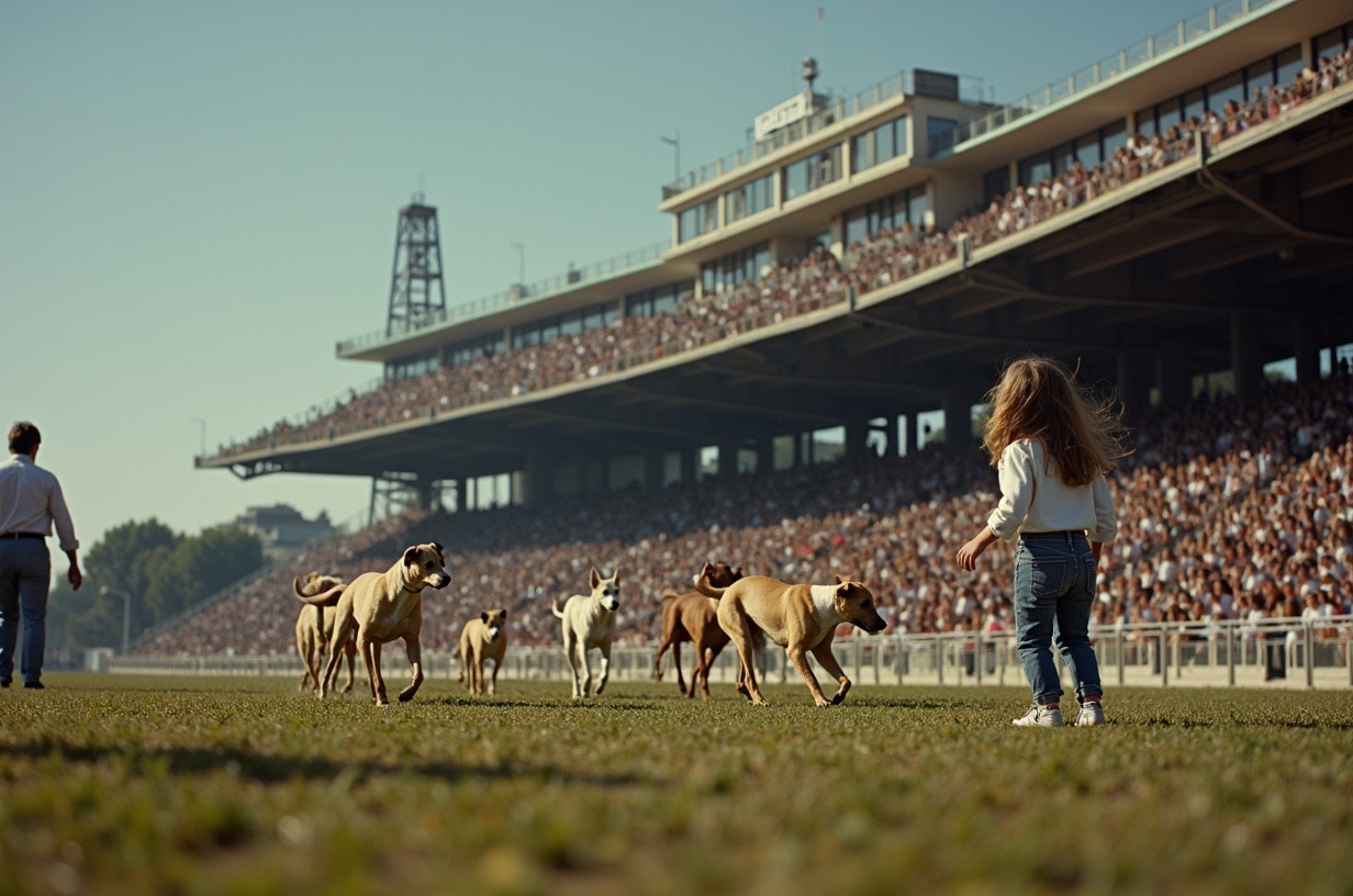 AI generated image by FLUX.1-image-to-image: This building in 1960's in Barcelona. A little girl is looking dog track race, with 7 dogs running and the stands are full of people excited about the race.
