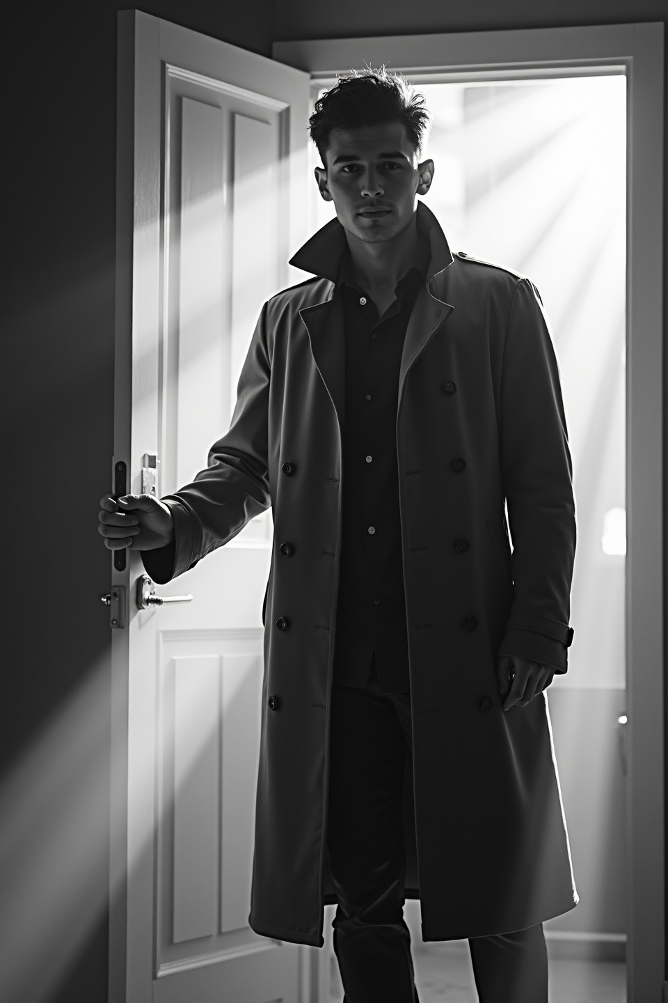 AI generated image by FLUX.1-image-to-image: black-and-white photo with the backlit dark silhouette of a handsome broad-shouldered man in a trench coat standing in a doorway coming and looking to camera. 
The man holding the door handle, as if he just entered the room. God rays. Backlight 