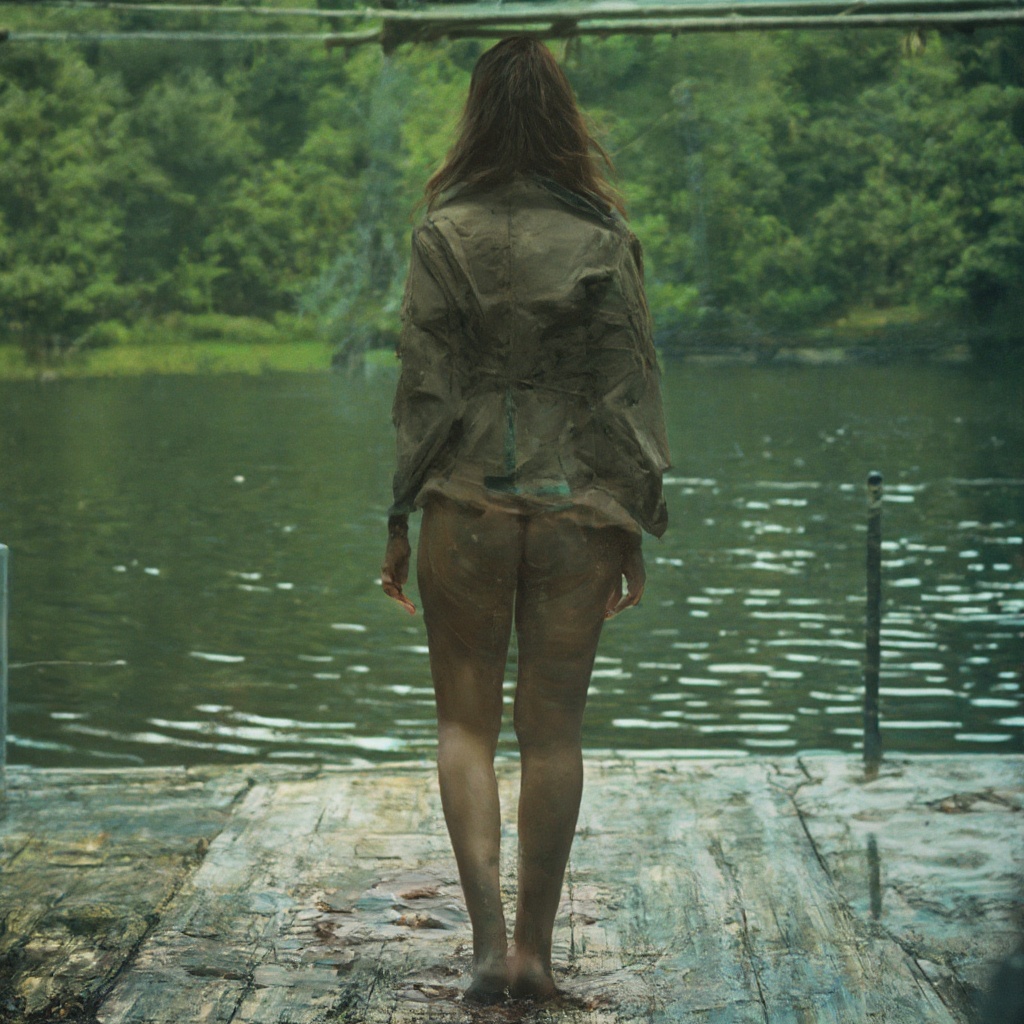 AI generated image by FLUX-Realism-Lora: A photograph shows a young and seductive woman standing on a dock, facing away from the camera. She is wearing a jacket and bikini bottoms, with her legs and feet visible. The scene is set against a backdrop of a calm lake, surrounded by a dense forest of trees. The woman’s posture suggests a moment of quiet contemplation, as she looks out over the water