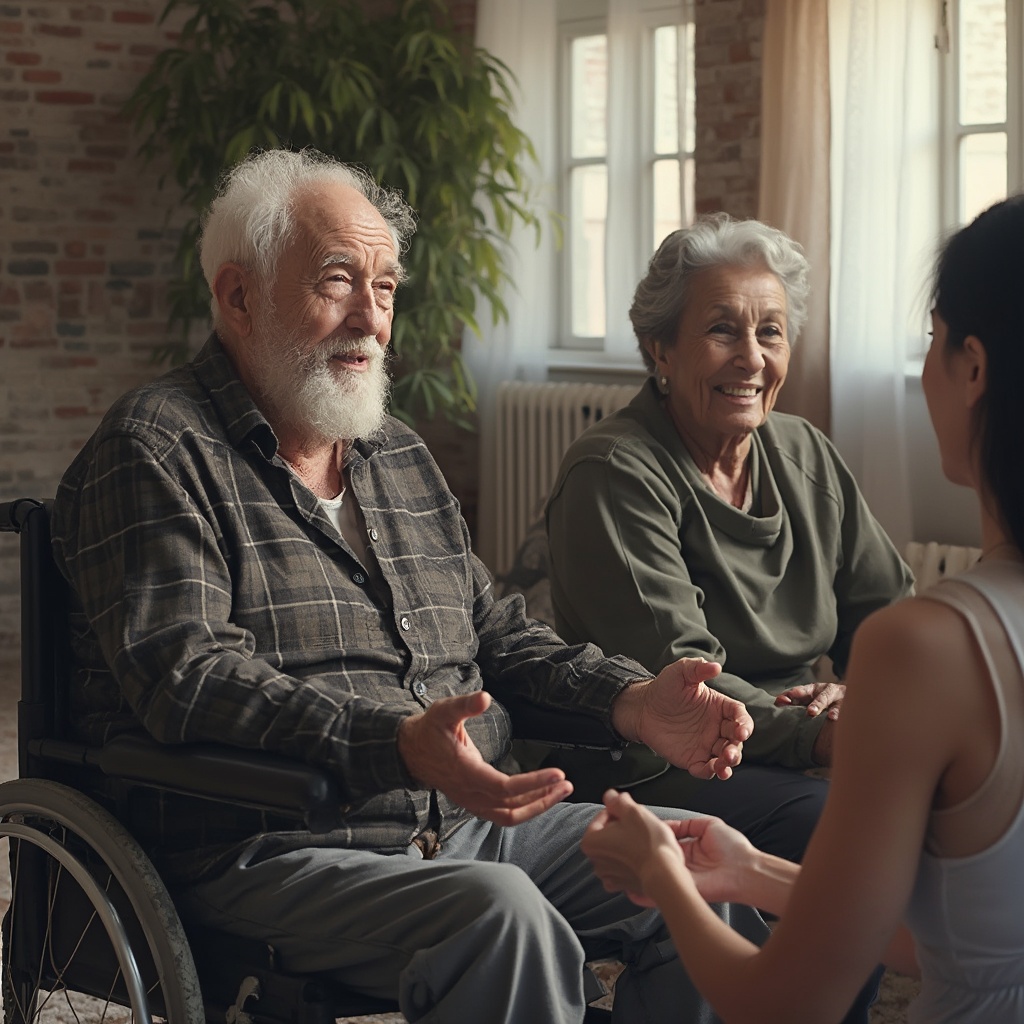 AI generated image by FLUX-Realism-Lora: Two very old black man on a wheelchair having a yoga session with an old caucasian woman.
They are in front of a woman teacher with black hairs.